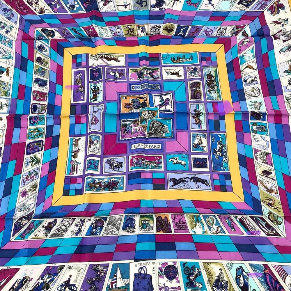 HERMES Rare Beautiful Silk Scarf Stamps Carre 90 CORRESPONDANCE PARIS HOST PICK